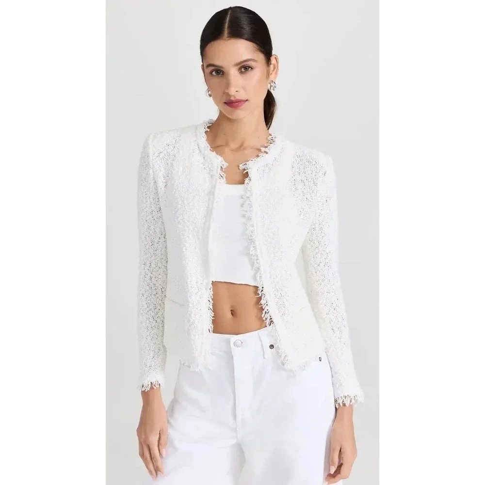 IRO Shavani Jacket Womens 00P White Textured Fringe Cotton Tweed‎ Boho Designer
